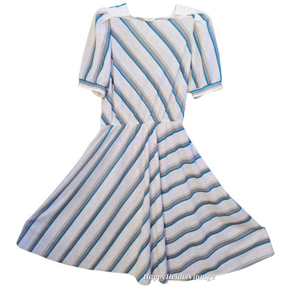 Vintage 70s Blue Gray Striped, Square Neck Flowy, Short Puffy Sleeve Midi Dress - Picture 1 of 9